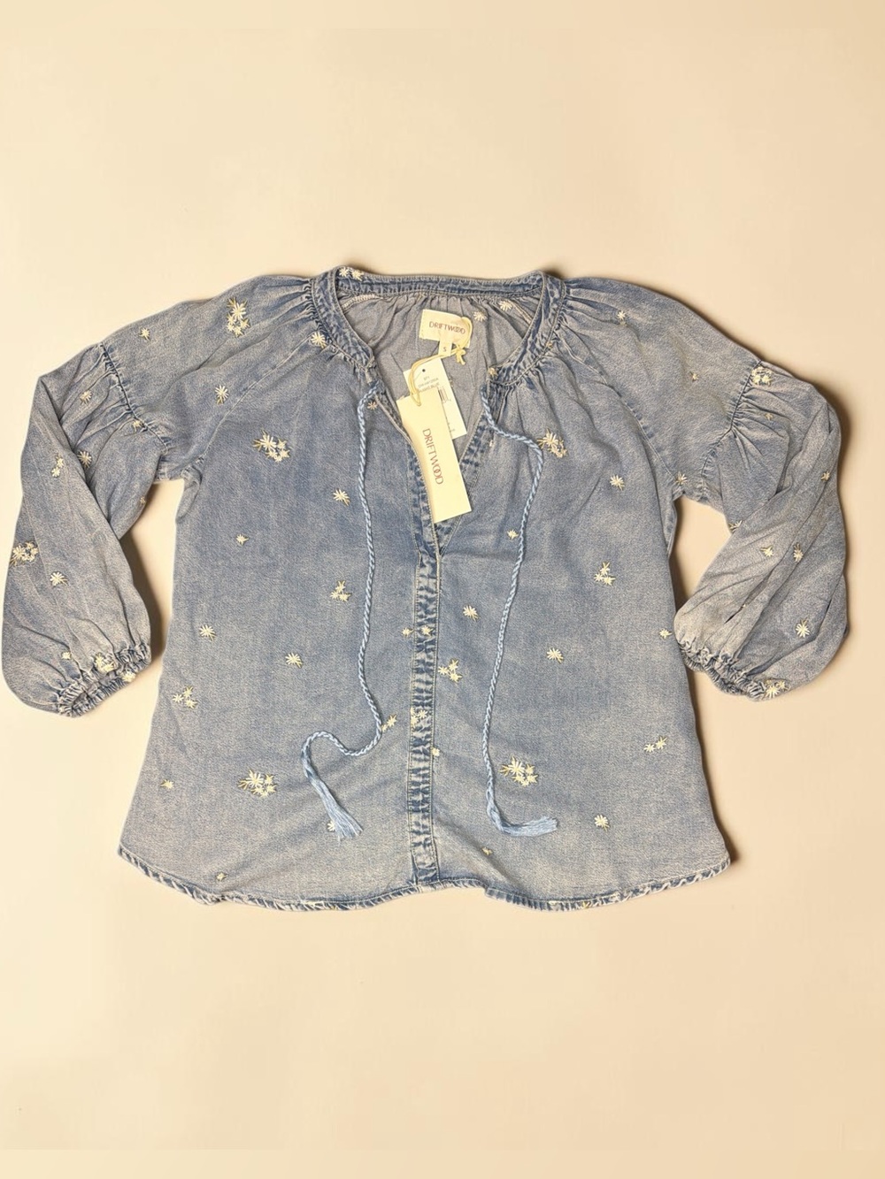 DRIFTWOOD Light Blue Washed Embroidered Peasant Top - Picture 3 of 5